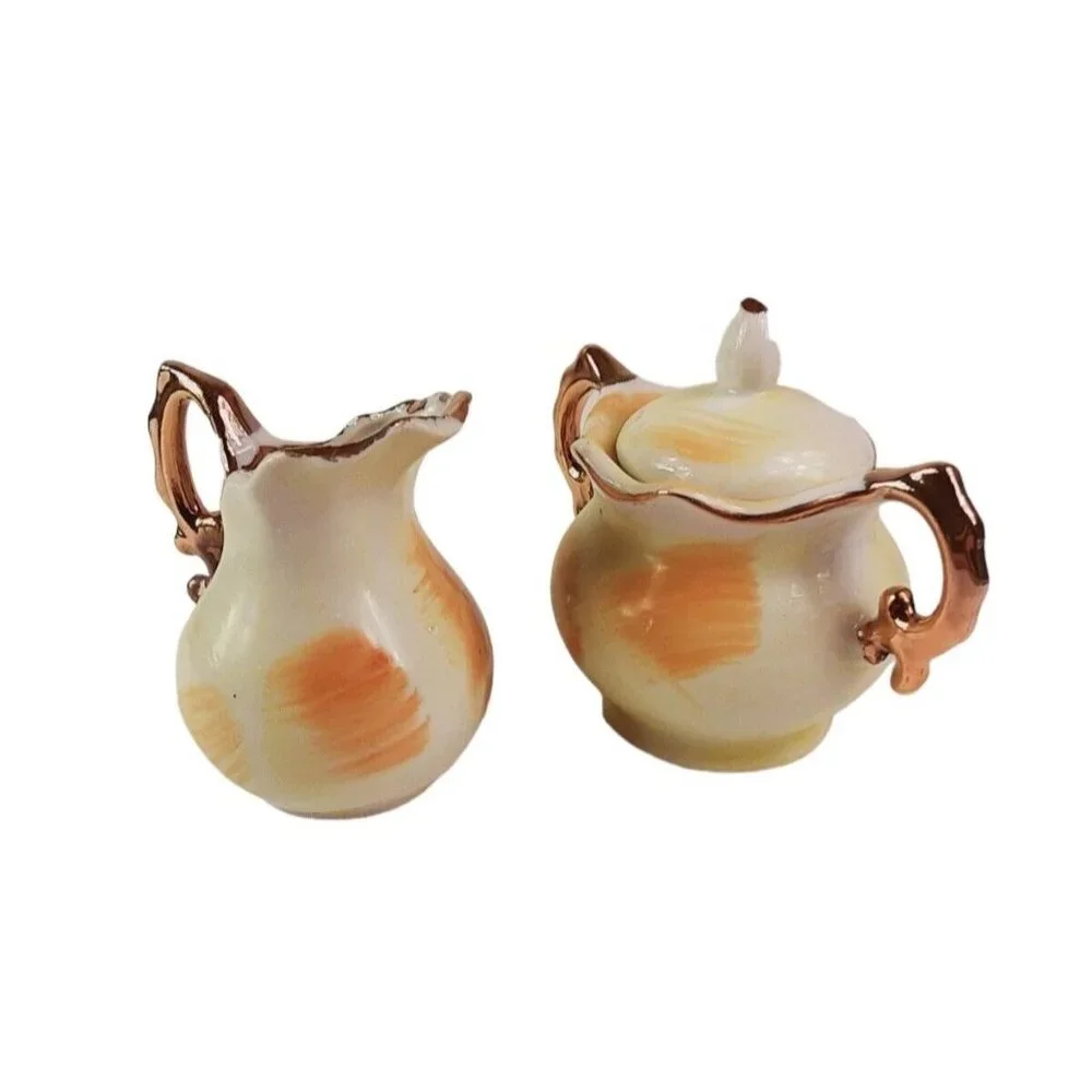 Vintage Enesco Porcelain Creamer and Sugar Bowl Set Hand Painted Fruit Design/GC